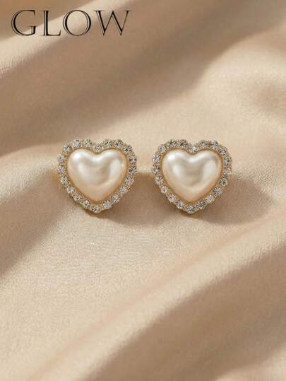 1 Pair Vintage French Style Rhinestone Heart Stud Earrings, Suitable For Teenage Girls, Everyday & Holiday Wear