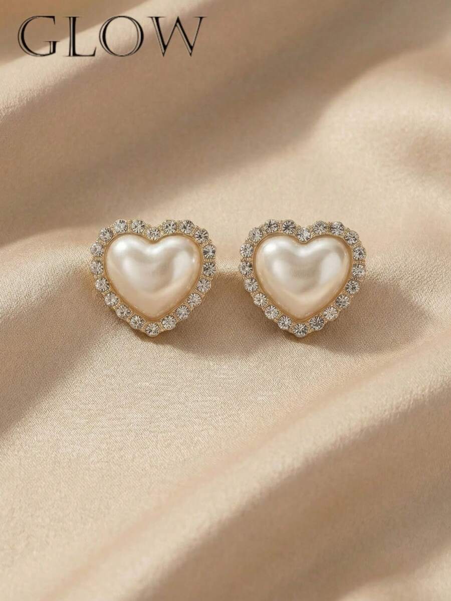 1 paire de boucles d'oreilles à tige vintage style français avec strass en forme de cœur, convient aux adolescentes, pour un port quotidien et les jours de fête - Amour - Voir 1