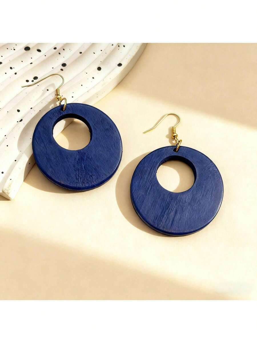 1 đôi bông tai mặt dây chuyền tròn rỗng bằng gỗ kiểu cổ điển - Màu xanh hải quân - Xem 1