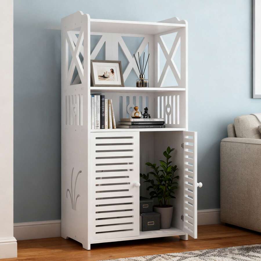 LMstarz Freestanding Three-Tier Bathroom Storage Cabinet, White Waterproof PVC Double-Door Cabinet With Shelving, Suitable For Storing Toilet Paper, Shampoo, Towels And Clothing. - trắng - Xem 1