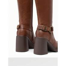 Women's Platform Chunky Heel Knee-High Boots Square Toe Fashionable Platform  Solid Color Y2K Buckle Tall Boots - 摩卡棕 - 查看 3