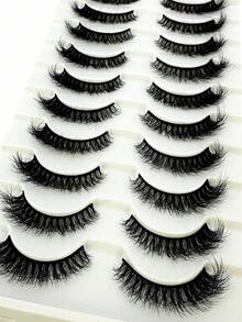 10对蓬松3D水貂毛假睫毛，100%无动物实验，手工制作，可重复使用，短款自然假睫毛，水貂毛条状假睫毛 - 黑色 - 查看 3