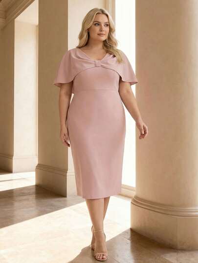 Plus Size Elegant Minimalist Batwing Sleeve V-Neck Fitted Midi Dress Pink Bridesmaid Dress Spring Summer Wedding Guest For Party