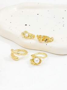 Bộ 4 chiếc nhẫn xếp chồng kiểu Pháp cổ điển, bất đối xứng, đính ngọc trai giả, dành cho nữ. - Vàng - Xem 4
