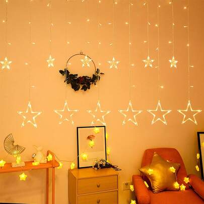 1pc 5-Pointed Star Window Curtain Light, Fairy Light Hanging Decor LED Decorative Lights Star Lights With 8 Lighting Modes, Suitable For Christmas, Garden, Yard, Party, Star Shaped