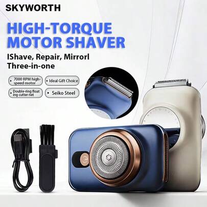  Afeitadora eléctrica 3 en 1 SKYWORTH para hombres - Afeitadora rotativa portátil con recortadora de patillas emergente y espejo de maquillaje incorporado, carga rápida USB-C, larga duración de la batería, regalo de viaje ideal