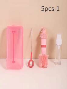 5pcs Baby Portable Silicone Bottle Cleaning Set, Multi-Functional Travel Outdoor Kit, Baby Nipple Brush Dryer Rack Set, Pink Portable Outdoor Bottle Cleaning Kit - Multicolor - View 7