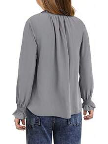 Teen Girls' Casual Blouse - V-Neck Chiffon Shirt With Smocked Cuffs And Long Sleeve - 灰色的 - 查看 2