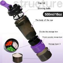 三层摇摇杯蛋白粉搅拌杯大容量水瓶搅拌杯水杯玫瑰金字母印花便携式摇摇杯健身运动搅拌杯 - 紫色 - 查看 3