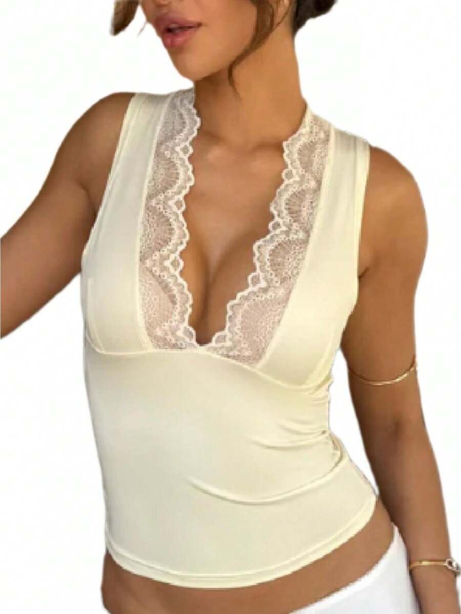 Women Lace Trim Deep V Neck Vest Tank Top Y2k Lace Patchwork Sleeveless Slim Fit Going Out Cami Shirt Summer - Amarillo claro - Ver 1