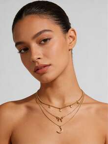 Collar de oro laminado para mujer con lazo de luna y estrella, cadena múltiple, joyería de Ramadán, regalo para el Día de la Madre, caja de regalo para ella. - Amarillo dorado 3 - Ver 2