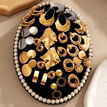 10 piezas Conjunto de aretes de metal, aretes para mujer, pendientes geométricos sólidos y gruesos envueltos en perla falsa, adecuados para combinar diariamente (estilo aleatorio, sin caja) - Dorado - Ver 1