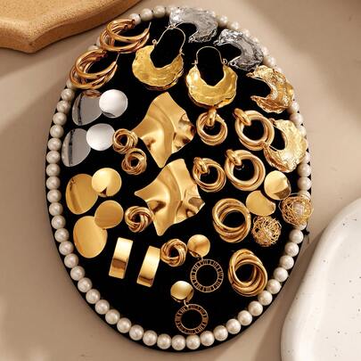 10 piezas Conjunto de aretes de metal, aretes para mujer, pendientes geométricos sólidos y gruesos envueltos en perla falsa, adecuados para combinar diariamente (estilo aleatorio, sin caja)