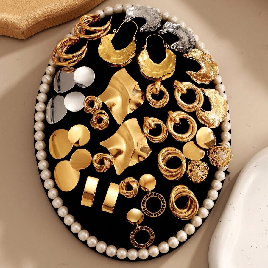 10 piezas Conjunto de aretes de metal, aretes para mujer, pendientes geométricos sólidos y gruesos envueltos en perla falsa, adecuados para combinar diariamente (estilo aleatorio, sin caja) - Dorado - Ver 1