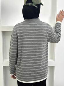 Livesso Women's Loose Fit Contrast Striped Polo Collar Long Sleeve Casual Knit Sweater, Spring/Autumn - Grey - View 6