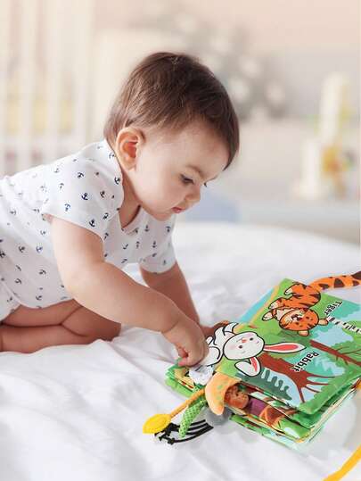 1本6页动物主题布书，婴儿玩具布书，带沙沙纸，蒙特梭利新生儿早教布书，玩具，儿童游戏，婴儿书，开斋节，新生儿复活节礼物（男女宝宝均可）