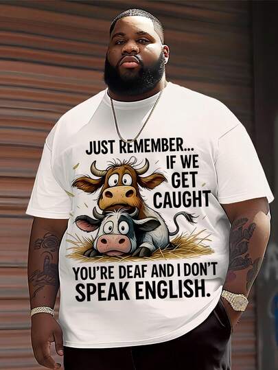 男士大码休闲圆领T恤，涤纶针织面料，舒适透气，时尚休闲卡通“两只小公牛”图案印花，街头潮流新潮设计，新颖上衣