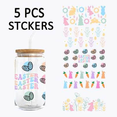 5 ชิ้น ปลอกแก้ว UV DTF อีสเตอร์ เหมาะสำหรับขวดแก้ว Libbey ขนาด 16 ออนซ์, ขนาด 9.4"X4.3", สติกเกอร์คริสตัล 3D ลายกระต่ายน่ารักและธีมฤดูใบไม้ผลิที่สามารถติดบนแก้วได้, สติกเกอร์ DIY กันน้ำโดยไม่ต้องใช้ความร้อน, เหมาะสำหรับตะกร้าของขวัญอีสเตอร์