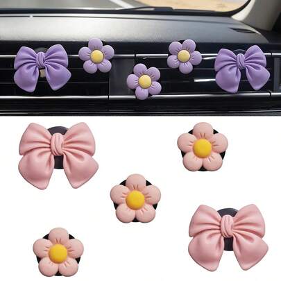 5件套清新蝴蝶结花朵汽车空调出风口香水夹，汽车空调出风口蝴蝶结香氛装饰（无香味功能），蝴蝶结花朵汽车内饰装饰