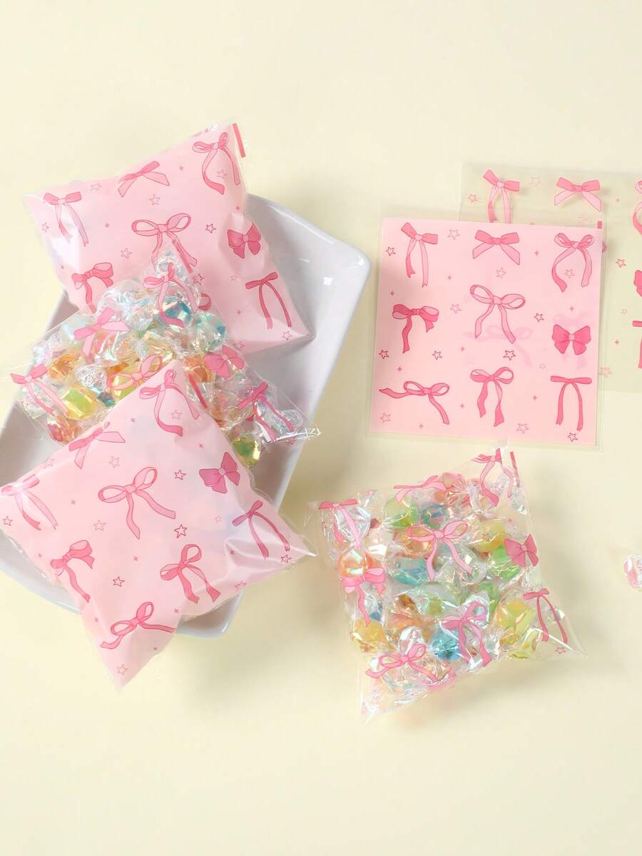 100个粉色蝴蝶结星形图案礼品袋，糖果自封袋，礼品包装袋，零食袋，生日派对回礼袋，烘焙袋，礼品包装袋，粉色蝴蝶结派对装饰，生日礼物，新娘送礼会回礼，性别揭晓派对用品，一周岁生日派对装饰，送给亲朋好友的节日礼物，公主主题派对用品，粉色蝴蝶结装饰
