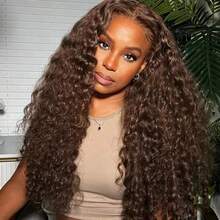 bling hair Perruque Lace Front Bouclée Marron Chocolat En Cheveux Humains - Water Wave Deep Curly - Dentelle Transparente 13x6 - Hairline Naturelle - Implantation Uniforme - Densité Naturelle - Perruque Longue Ondulée Effet Mouillé - Couleur Marron Chocolat Homogène - Structure Des Ondulations Définies - Perruque Ondulée En Cheveux Humains - Finition Soignée – Usage Quotidien Et Occasions – Lace Front 13x6 Respirante - S4 - 查看 6