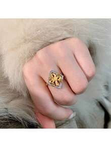 1枚18K镀金优雅锆石戒指，意大利编织四叶草和蛇形设计，女士款 - 黃金色 - 查看 3