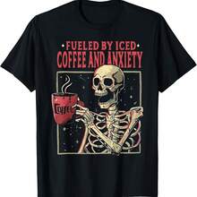 Fueled By Iced Coffee And Anxiety Funny Coffee Lover Skull T-Shirt - 黑色 - 查看 1