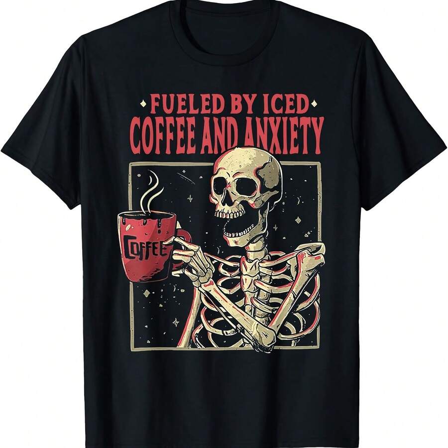 Fueled By Iced Coffee And Anxiety Funny Coffee Lover Skull T-Shirt - 黑色 - 查看 1