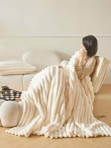 1pc Luxury Reversible Faux Fur Blanket - Soft Striped Flannel, Warm & Cozy, Suitable For Napping, Office, Camping, Sofa - Multipurpose Polyester Bedspread, Perfect Christmas Gift - trắng - Xem 2