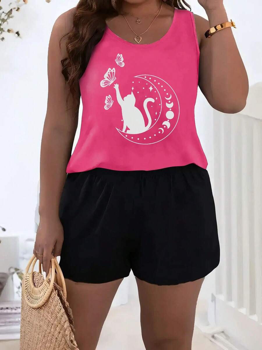 Plus Size Womens Casual Outfits Two Piece Set - Cat Moon Butterflies Stars Night Magic Print Fashion Black/Orange/Pink 2pcs Sleeveless Vest Tank Shorts Set - Perfect For Summer Vacation Clothing & - Great Gift For Ladies - 粉色 - 查看 1