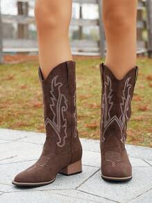 2026 New Women's Casual Fashion Square Toe Embroidered Chunky Heel Western Boots - Coffee Brown - View 5