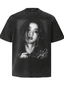 JENNIE Park Chae-Young  JISOO Washed Loose Short-Sleeve-Shirt Men And Women |% Fabric, Crew Neck, Short Sleeve, Regular Fit, Casual Style, All-Season, Valentines, New Year'S Day, Father'S Day, - Soft & Breathable Casual Wear - Casual Streetwear Style - Casual Wear - Black Round Neck Design - Street Fashion-Shirt - 黑色 - 查看 1