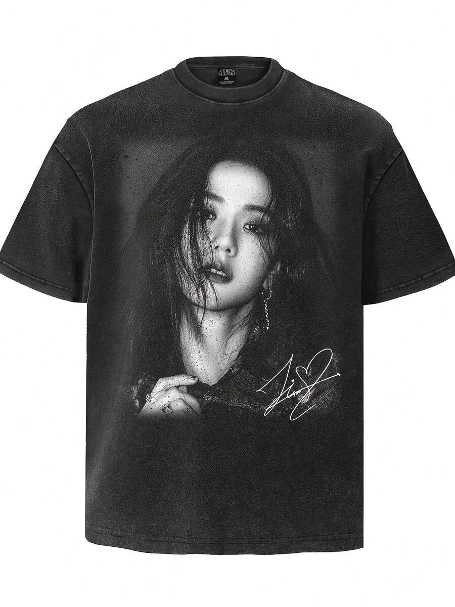 JENNIE Park Chae-Young JISOO Washed Loose Short-Sleeve-Shirt Men And Women |% Fabric, Crew Neck, Short Sleeve, Regular Fit, Casual Style, All-Season, Valentines, New Year'S Day, Father'S Day, - Soft & Breathable Casual Wear - Casual Streetwear Style - Casual Wear - Black Round Neck Design - Street Fashion-Shirt - 黑色 - 查看 1
