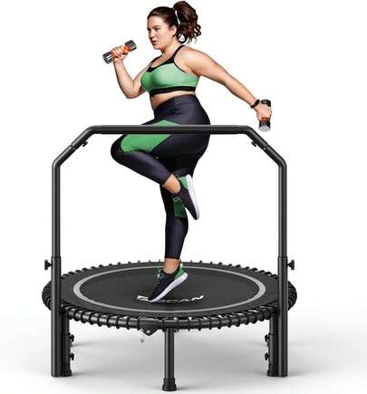 FLYBIRD 40 INCH 450LBS Mini Rebounder Trampoline For Adults With Bar, Fitness Trampoline With Bungees, Adjustable Handle, Stable & Quiet, Indoor Outdoor, Whole-Body Workout & Relaxation At Home