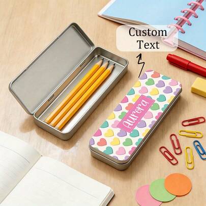 Personalized Stationery Storage Box With Colorful Heart Pattern, Suitable As Back-To-School Gift. Can Store Pencils And Erasers, Flip-Top Design For Easy Access.