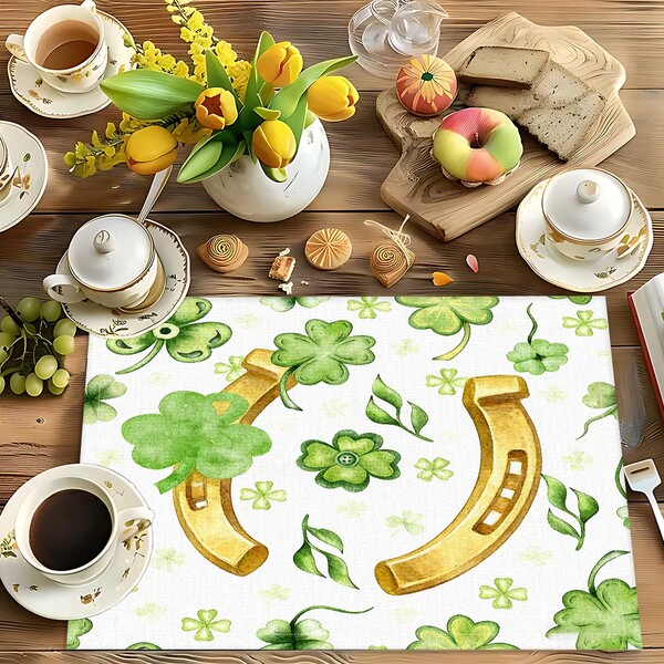 1pc/4pcs/6pcs Linen Placemats With Clover Print, Home Decor For St. Patrick's Day, Suitable For Dining Table, All Seasons, Washable, Modern Style Coasters, Kitchen Table Mats, Indoor/Outdoor Party Decorations, Ideal Gift
