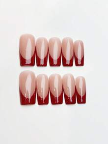 10片方形亮片假指甲，简约粉色美甲，法式美甲红色指尖，法式深V美甲贴纸，温柔时尚优雅简约冬季美甲，秋季美甲，适合情人节派对、日常约会、海滩度假、DIY美甲用品，送给女性和女孩的绝佳礼物，手工制作的按压式美甲 - 紅色 - 查看 11