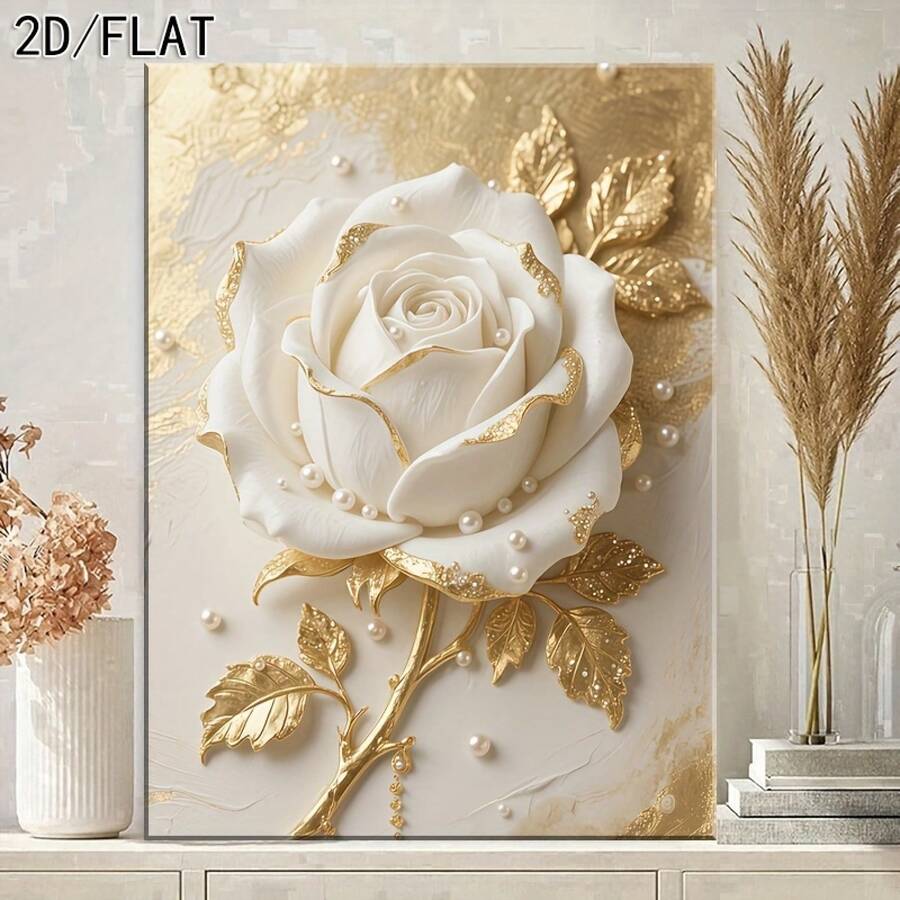 1 Pc Canvas Painting, White Rose Canvas Painting With Golden Leaves, Wooden Framed Art,High Quality ,Thickness 2. 25cm/1in Thick Wall Art Printed Poster, Cuadros,Directly Hung For Family Gifts, Living Room Decoration, Bathroom Decoration, Bedroom Decoration, Kitchen Decoration, Bar Decoration, Office Decoration. Halloween, Christmas And Valentine's Day Gifts, 2D Flat - 多色 - 查看 1