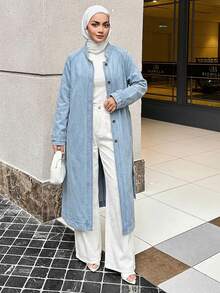 Livesso Women's Stand Collar Long Belted Casual Denim Jacket And Coat - Light Wash - View 2