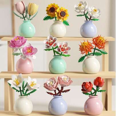 1pc/846pcs Artificial Everlasting Flowers Succulent Plants Handmade Flower Bouquets DIY Lily/Chrysanthemum/Rose/Hibiscus/Peony/Sunflower/Tulip/Gardenia 3D Puzzle Assembly Building Blocks Model Home Decor Desktop Ornaments, Mother's Day/Birthday Gift