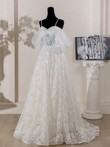 Elegant Lace Contrast Mesh Off-Shoulder Spaghetti Strap Trailing Wedding Dress - Beige - View 7