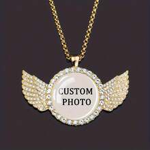 1 Personalized Angel Wing Photo Pendant Necklace - Hip-Hop Rock Style, Zinc Alloy Inlay, Unique Punk Glass Dome Design, Suitable For Both Men And Women - Perfect Gift For Halloween And Valentine's Day - 彩色 - 查看 14