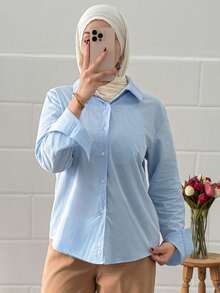 DAZY 纯色纽扣前襟衬衫、长袖上衣 - 藍色 - 查看 4