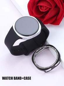 Juego de 2 en 1 de correa de reloj de silicona suave + estuche protector compatible con Samsung Galaxy Watch4 de 40 mm/44 mm para mujer. Correa de reloj de silicona suave y cómoda con hebilla de remache, combinada con un estuche protector de PC a prueba de golpes con brillantes incrustados de rhinestones. El diseño perforado del estuche protector ofrece una sensibilidad táctil. - Caja negra con caja engastada con diamantes. - Ver 2