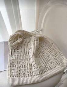 Women's Crocheted Tote Bag, Hollow Solid Color, Vacation Style For Going Out Shopping. , Crochet - Màu be - Xem 2