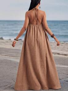 Vuslat Women's Summer Solid Color Casual Party Elegant Starfish Decor Halter Neck Dress, Suitable For Vacation, Beach, Summer Holiday, Daily Wear, Casual, Outdoor, Festival, Street Style, Party - Brown - View 2