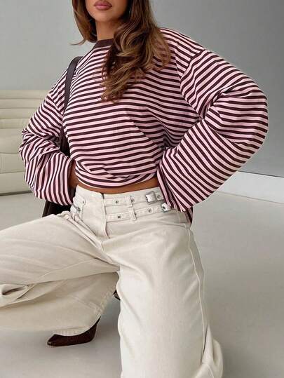 SDNGED Women's Casual Top, Striped Color Block Ribbed Fabric, Everyday Wear Spring/Autumn