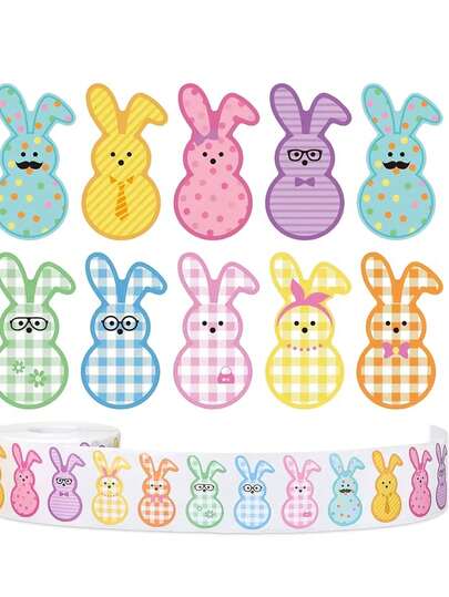 500pcs/Roll Colorful Easter Bunny Stickers, 9 Cute Designs Including Plaid And Polka Dot Patterns, Self-Adhesive Sealing Stickers, Ideal For Decorating Envelopes, Packaging Bags, Gift Boxes And Diaries, Suitable For Easter, Spring Parties And Gifts