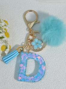 1pc Blue Heart Letter Keychain With Butterfly & Flower Decor, Women Bag Charm, Gift Keyring With Pom Pom Gifts For Mother, Father, Graduation, And Teacher - Baby Blue - View 6