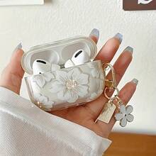 Fashion White Floral TPU Protective, Suitable Pro 2/1/2/3 Generations - Wireless Earbuds Protective With Anti-Drop Design And Keychain, Wireless Earbuds Storage|Floral Pattern Box|Durable Protective,  Protective Cute - 適用於Airpods 4 - 查看 5